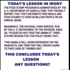 Today's Lesson In Irony -- The food stamp program is administered by the U.S. Dept. of Agriculture.  They proudly report that they distribute free meals and food stamps to over 46 million people on an annual basis.  Meanwhile, the National Park Service, run by the U.S. Department of the Interior, asks us, 'Please Do Not Feed The Animals."  Their stated reason for this policy being that...  'The animals will grow dependent on the handouts, and then they will never learn to take care of themselves
